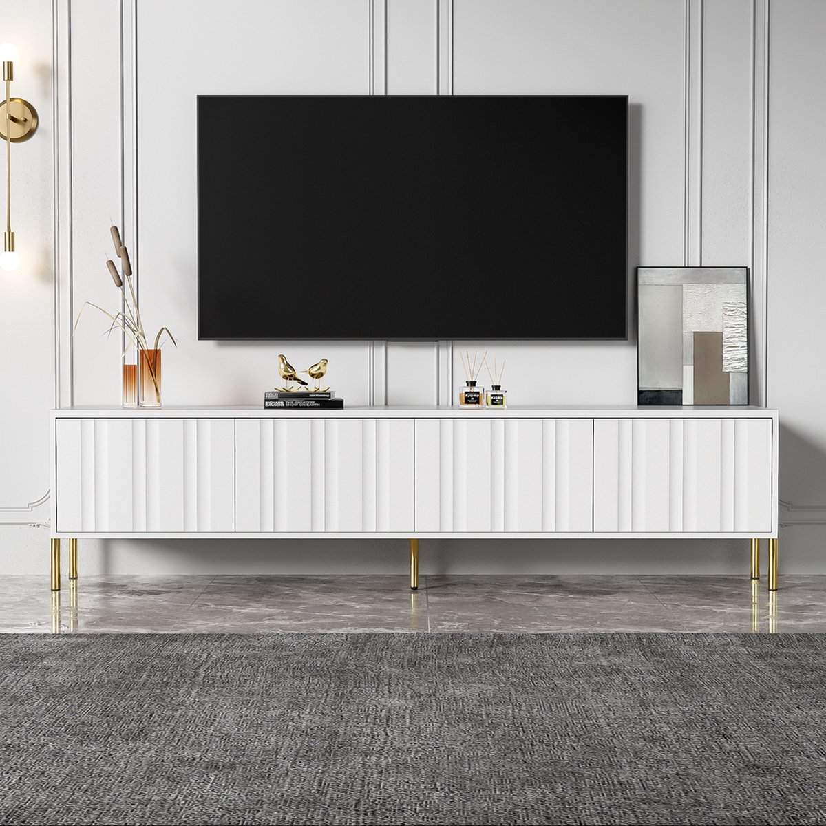 Modern TV-meubel - met rotan deuren en 2 lades - metalen poten - Zwart