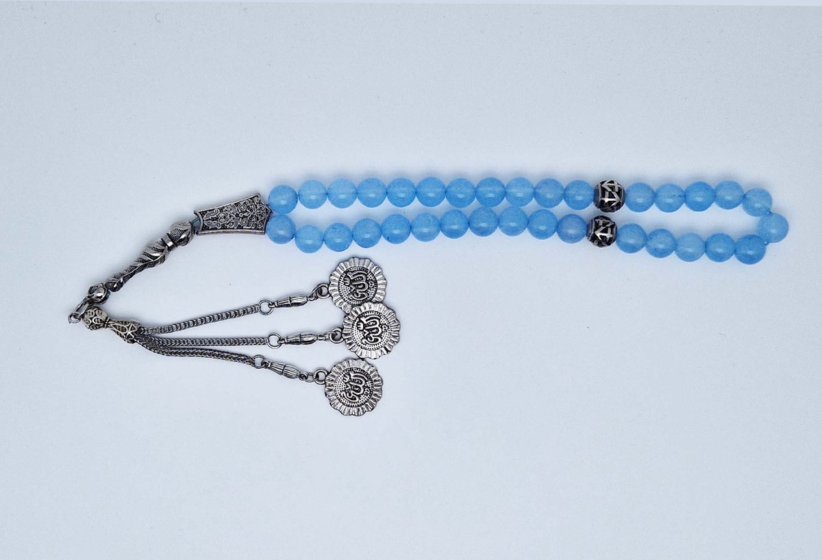 Handgemaakte tesbih "tasbih" natuursteen " Blauwe Jade " - Aantal kralen 33 - Diameter kralen 10 MM - met metaal tassel "model 5" - Een mooi cadeau-idee