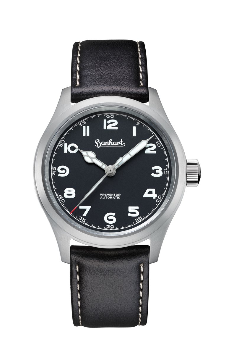 Hanhart Preventor HD12™ - Horloge zwart - Zwarte lederen band - 39 mm