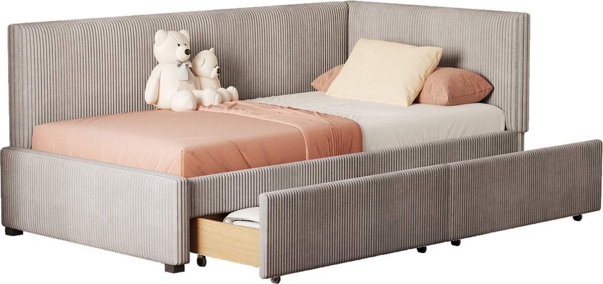 Merax Gestoffeerde Slaapbank 90x200 cm - Multifunctioneel Bed met 2 Grote Opberglades en Lattenbodem - Grijs