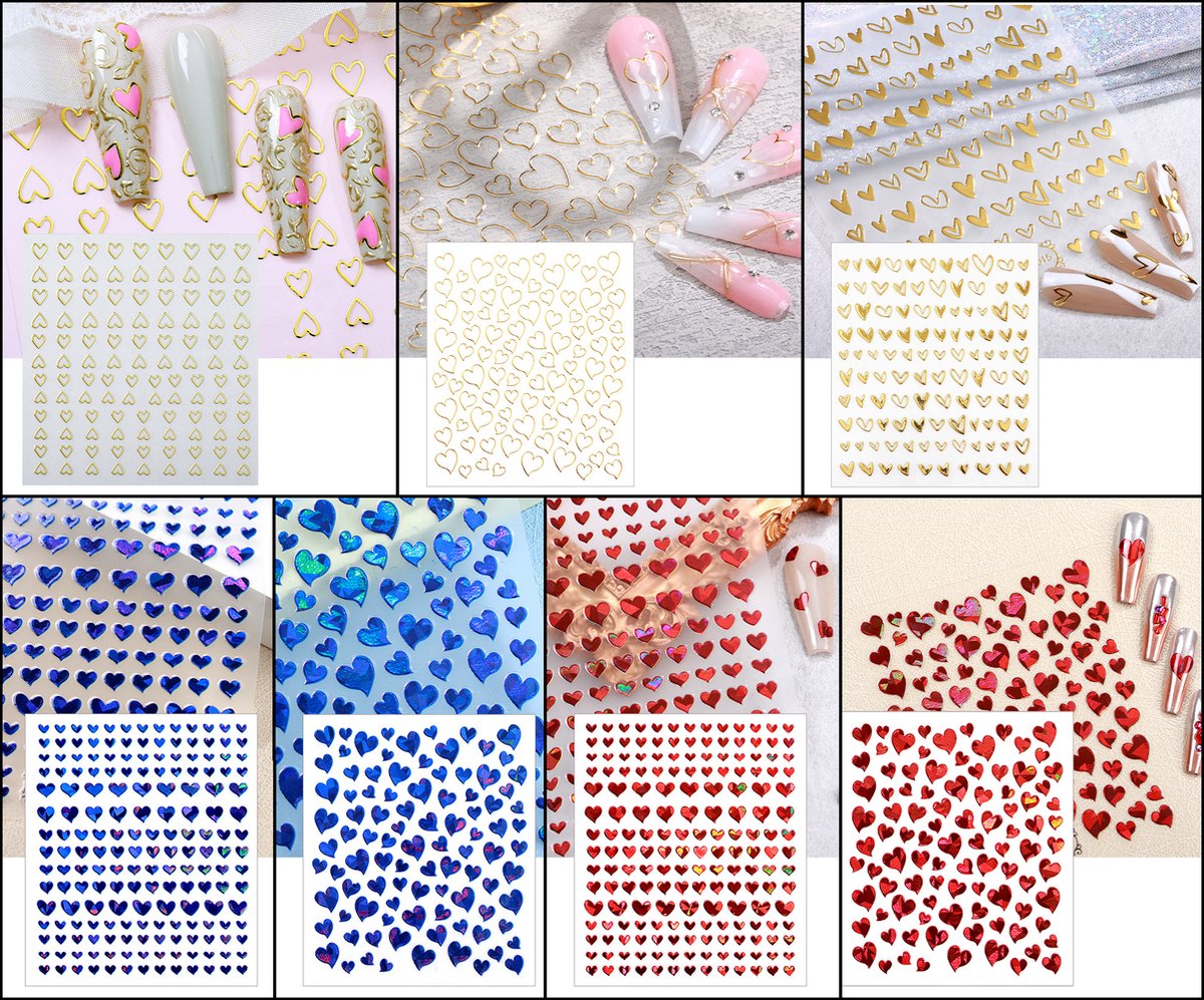 Goedkoopste 7x Nagelstickers Set XXL | Nail Art | Hartjes | Zelfklevend | Manicure Set