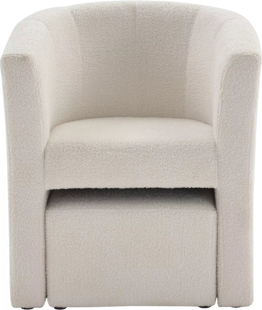 Vente-unique Fauteuil met holle rugleuning en poef in witte boucléstof – JOVANA