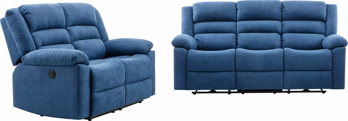 Vente-unique Driezitsbank en tweezitsbank met elektrische relaxfunctie van blauwe stoffen bekleding BUROLO