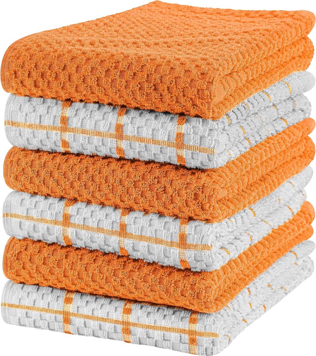 Zesdelige Set Superabsorberende Katoenen Theedoeken voor Keuken in Oranje en Wit