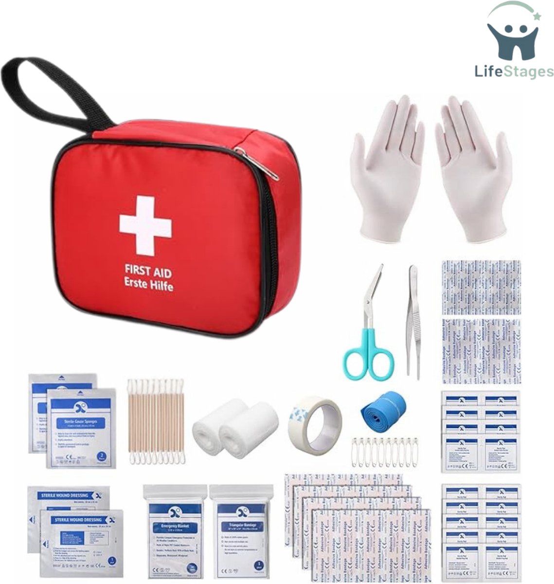 Goedkoopste LifeStages - Noodpakket voor Thuis - Mini EHBO Kit - Kleine EHBO Set 90 Stuks - Perfect voor Buiten, Thuis, Auto, School, Fiets, Werkplek, Reizen, Kamperen, Wandelen - EHBO - Rood