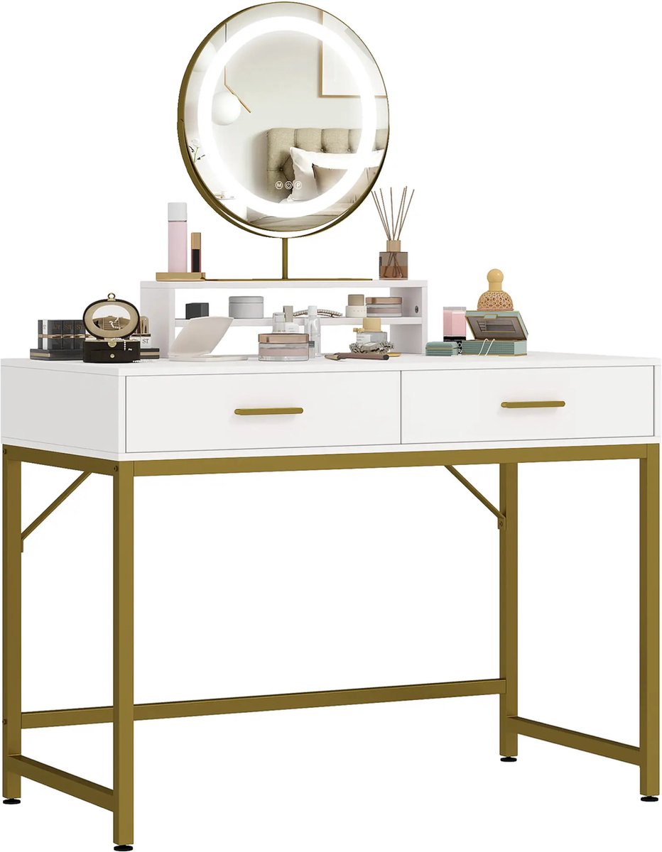GranMaison Kaptafel met spiegel - Make up tafel - Make up - Toilettafel - Met lades - Wit+Goud