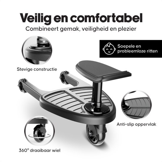 Silvax® - Meerijdplankje - Universeel - Eenwieler - Meerijd plankje met zitje - Voor kinderwagen - Extra stevig - Zwart van Merkloos — afbeelding 4