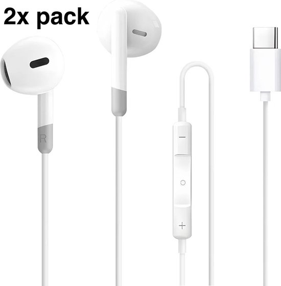 2 x In-Ear Oordopjes met USB C Aansluiting - Earpods - Bedrade oorjtes - Oortjes met Draad en Microfoon voor Telefoon / Tablet / Laptop / Smartphone / GSM - Wit