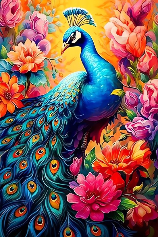 5D Diamond Painting Vierkante steentjes - Painting maat 50x70cm - Fluwelen canvas - Volledige bedekking - Complete set - Pauw met bloemen