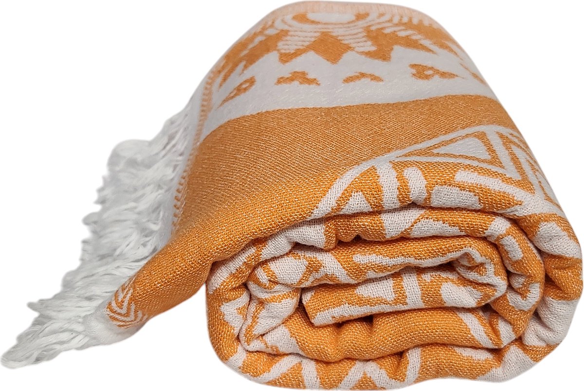 Kwube Galaxy - Hamamdoek Sauna Handdoek - 100% Katoen Dubbelzijdig - Oranje - 425 gr - 90x180 cm - Saunalaken - Lichtgewicht Strandlaken - Douchelaken - Badhanddoek - Saunadoek - Omslagdoek - Lendendoek - Sjaal - Woonaccessoire - Huwelijkscadeau