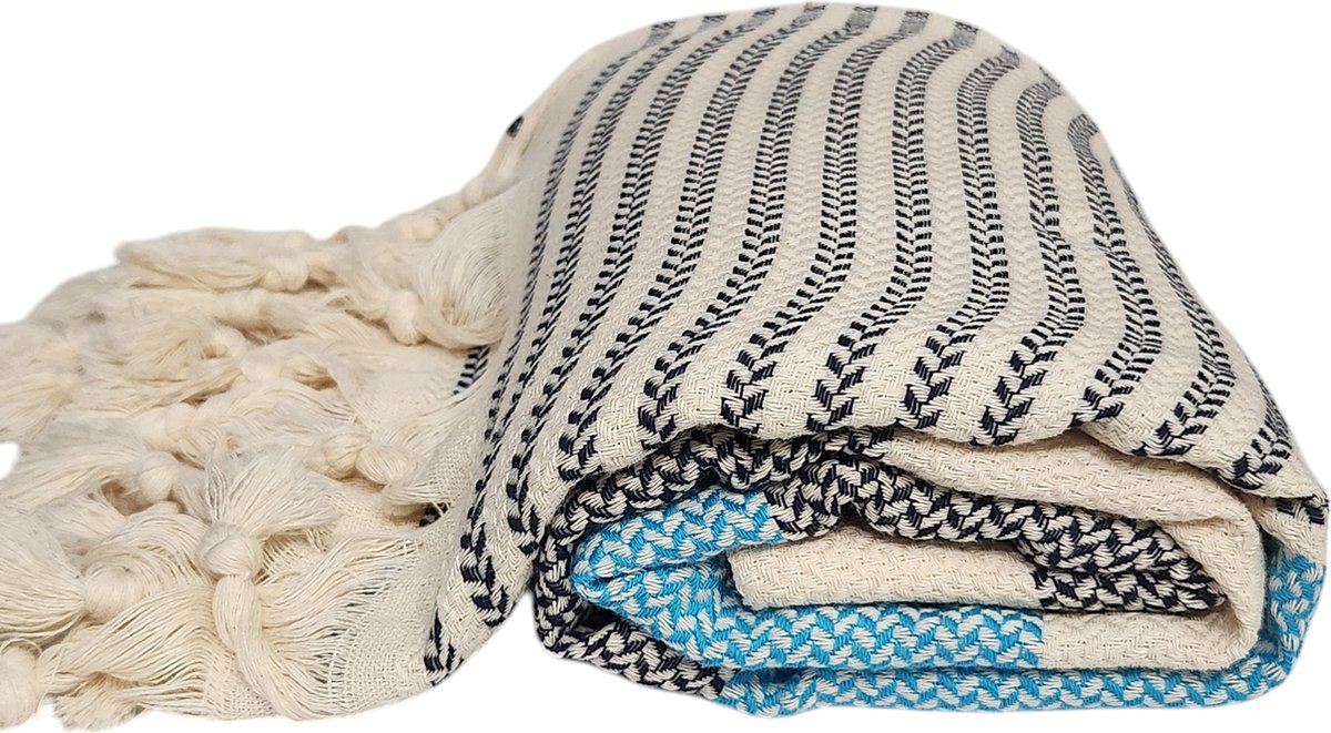 Kwube Riet - Hamamdoek Sauna Handdoek - Katoen Dubbelzijdig - Turkoois en Zwart - 360 gr - 98x180 cm - Lichtgewicht Strandlaken - Badhanddoek - Saunalaken - Omslagdoek - Lendendoek - Sjaal - Deken - Plaid - Woonaccessoire - Huwelijkscadeau