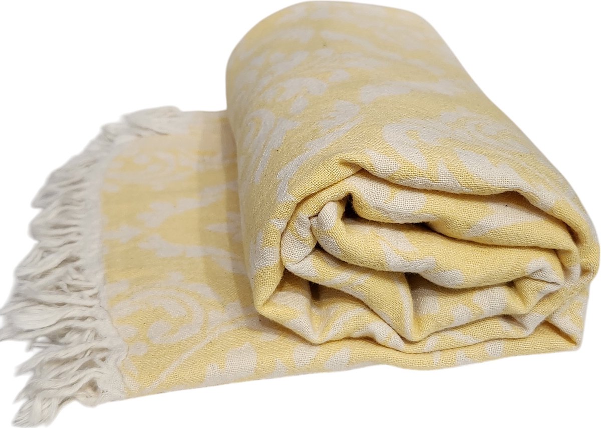 Kwube Hamamdoek - Damask - Sauna Handdoek - 100% Katoen Dubbelzijdig - Geel - 320 gr - 95x175 cm - Saunalaken - Lichtgewicht Badhanddoek - Douchelaken - Strandlaken - Saunadoek - Omslagdoek - Lendendoek - Sjaal - Woonaccessoire - Huwelijkscadeau