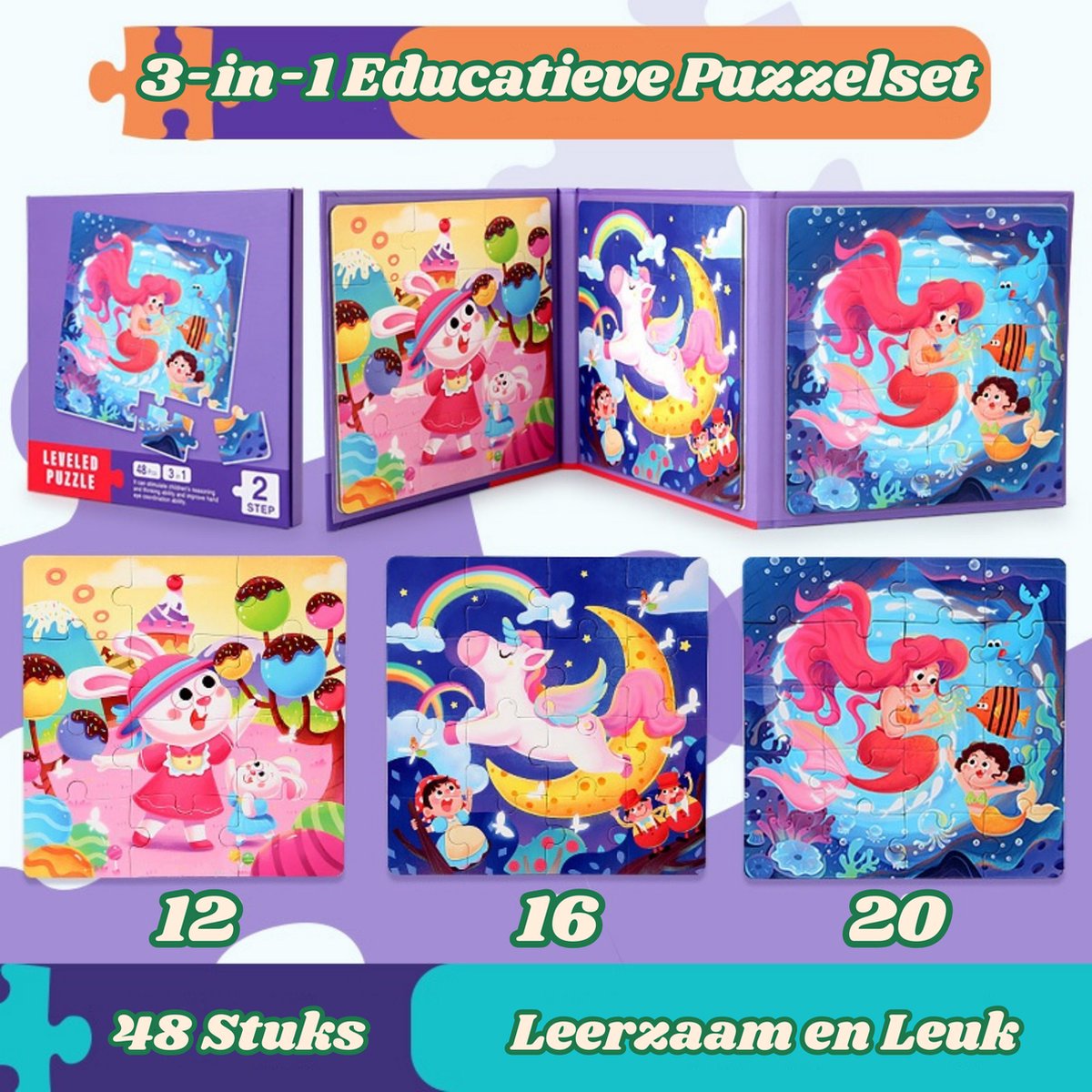 Leerkracht 3-in-1 Magnetische Puzzel - Educatief Speelgoed - 12/16/20 Stukjes - Thema Fantasie (Konijn, Unicorn & Zeemeermin) - Speelgoed - Puzzel