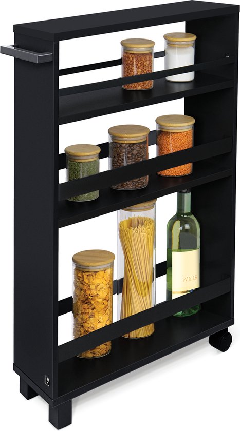 bomoe Hylla – Desserte de Cuisine sur Roulettes 50x79x15 cm – Desserte de Service en Bois avec 3 Planches & Plan de Travail FSC® – Zwart