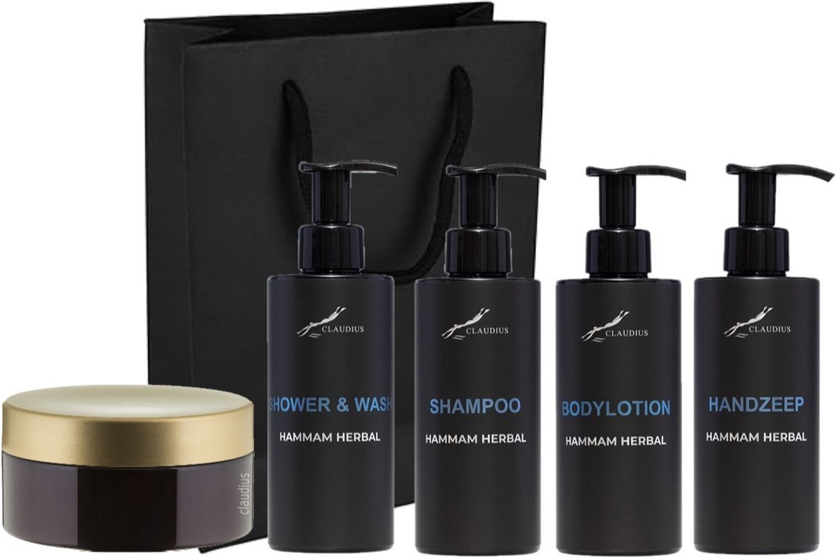 Goedkoopste Compleet pakket Hammam Herbal - Shower & Wash Shampoo Bodylotion Handzeep Scrubzout 300 gram - 300 ml per fles - complete set van 5 stuks - met luxe gift tas - kerst cadeau - giftset voor hem en haar