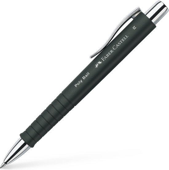 Stylo bille Faber-Castell noir avec clip argenté et grip côtelé.