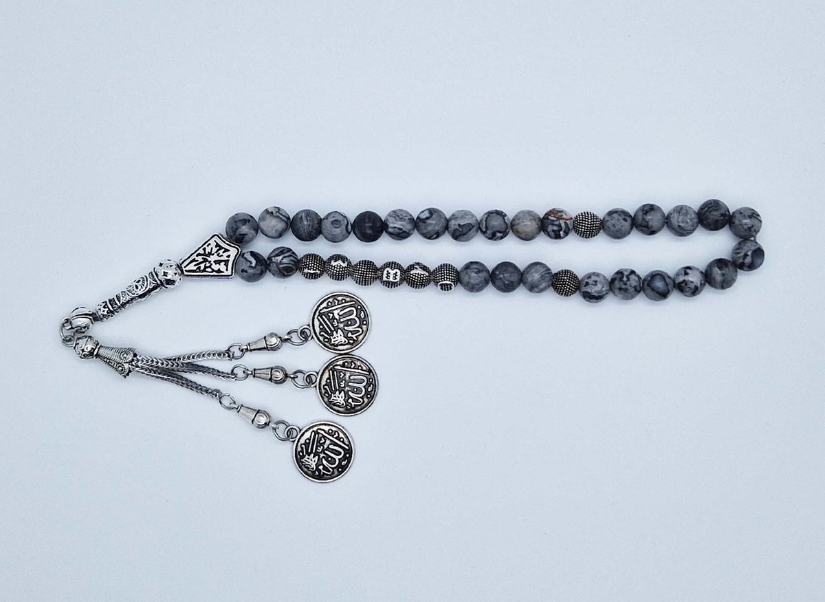 Handgemaakte naam tasbih 33 Kralen Natuursteen “ Map Jaspe” - met metaal tassel “Allah jala jalaluh"- Met je naam of de naam van uw geliefde- 8 mm diameter van de korrel