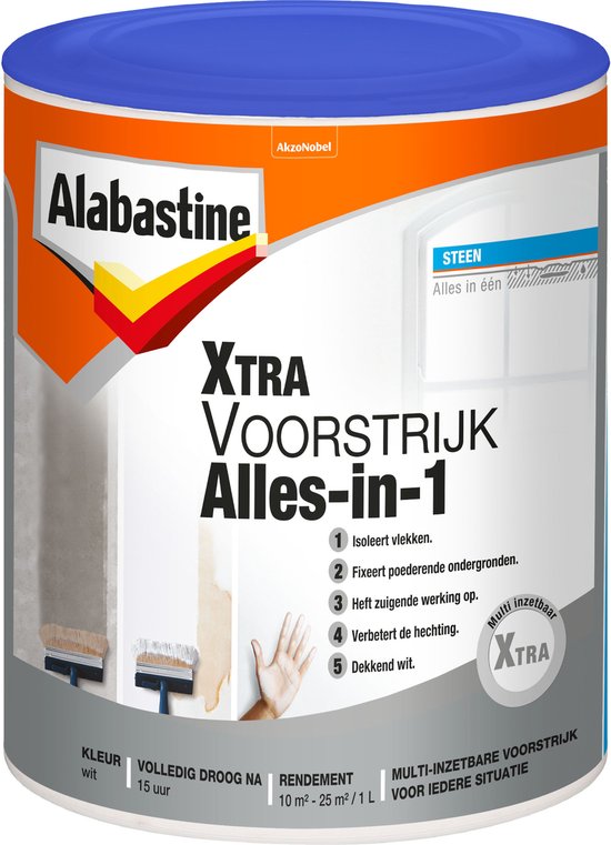 Alabastine XTRA Voorstrijk Alles-in-1, blik wit met oranje, gele en witte opdruk. Met afbeelding van borstels en hand.
