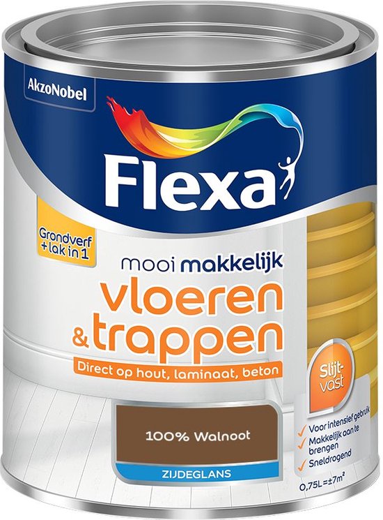 Flexa grondverf + lak in 1, 100% walnoot zijdeglans, blik met oranje trap op de achtergrond.