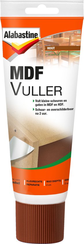 Alabastine MDF Vuller tube met houten meubels illustratie, 'hout' aanduiding en toepassingsdetails.