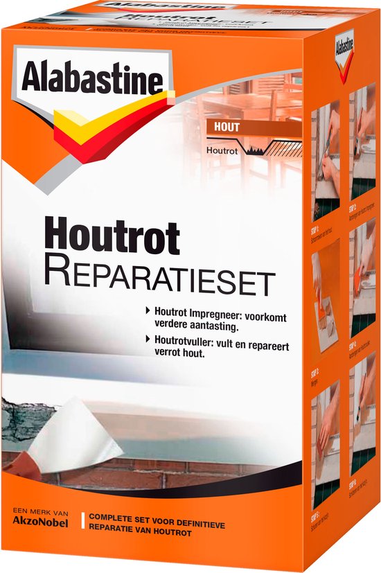 Alabastine Houtrot Reparatieset. Oranje verpakking met witte en grijze tekst. Bevat afbeeldingen van het reparatieproces.