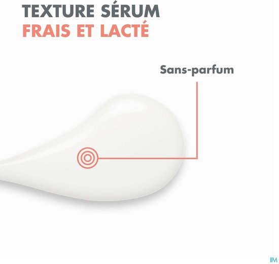 Textuur van fris en melkachtig serum, zonder parfum.
