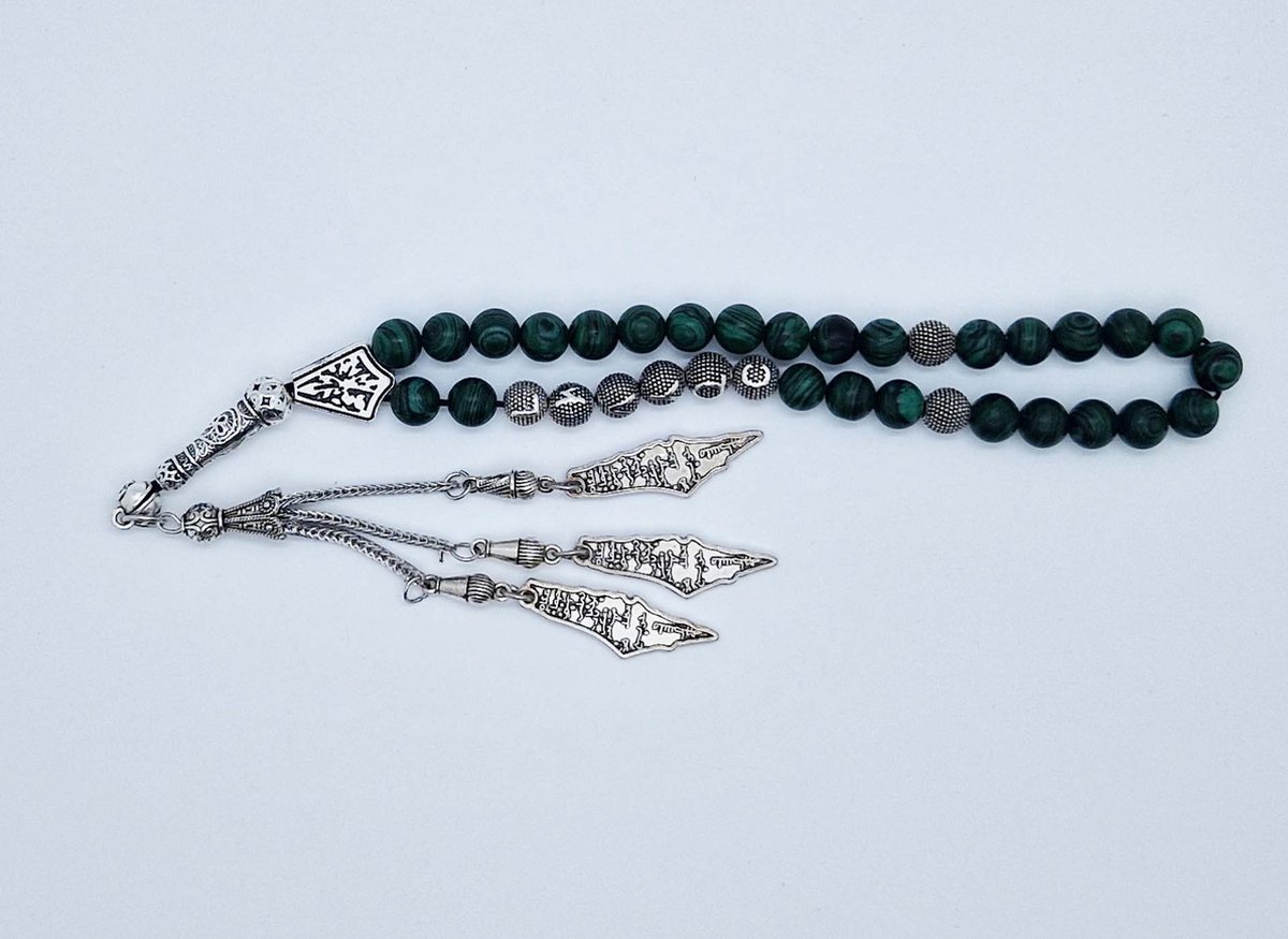 Handgemaakte naam tasbih 33 Kralen Natuursteen “ Malachiet” - met metaal tassel “Palestina"- Met je naam of de naam van uw geliefde- 8 mm diameter van de korrel