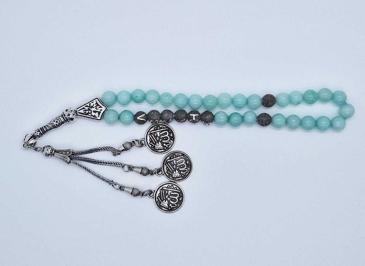 Handgemaakte naam tasbih 33 Kralen Natuursteen “ AAA Amazonium” - met metaal tassel “Allah jala jalaluh"- Met je naam of de naam van uw geliefde- 8 mm diameter van de korrel