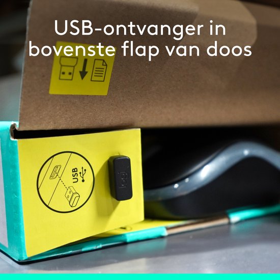 Close-up van de binnenkant van een Logitech-doos, met een USB-ontvanger en een aanwijzing hoe deze te bevestigen.