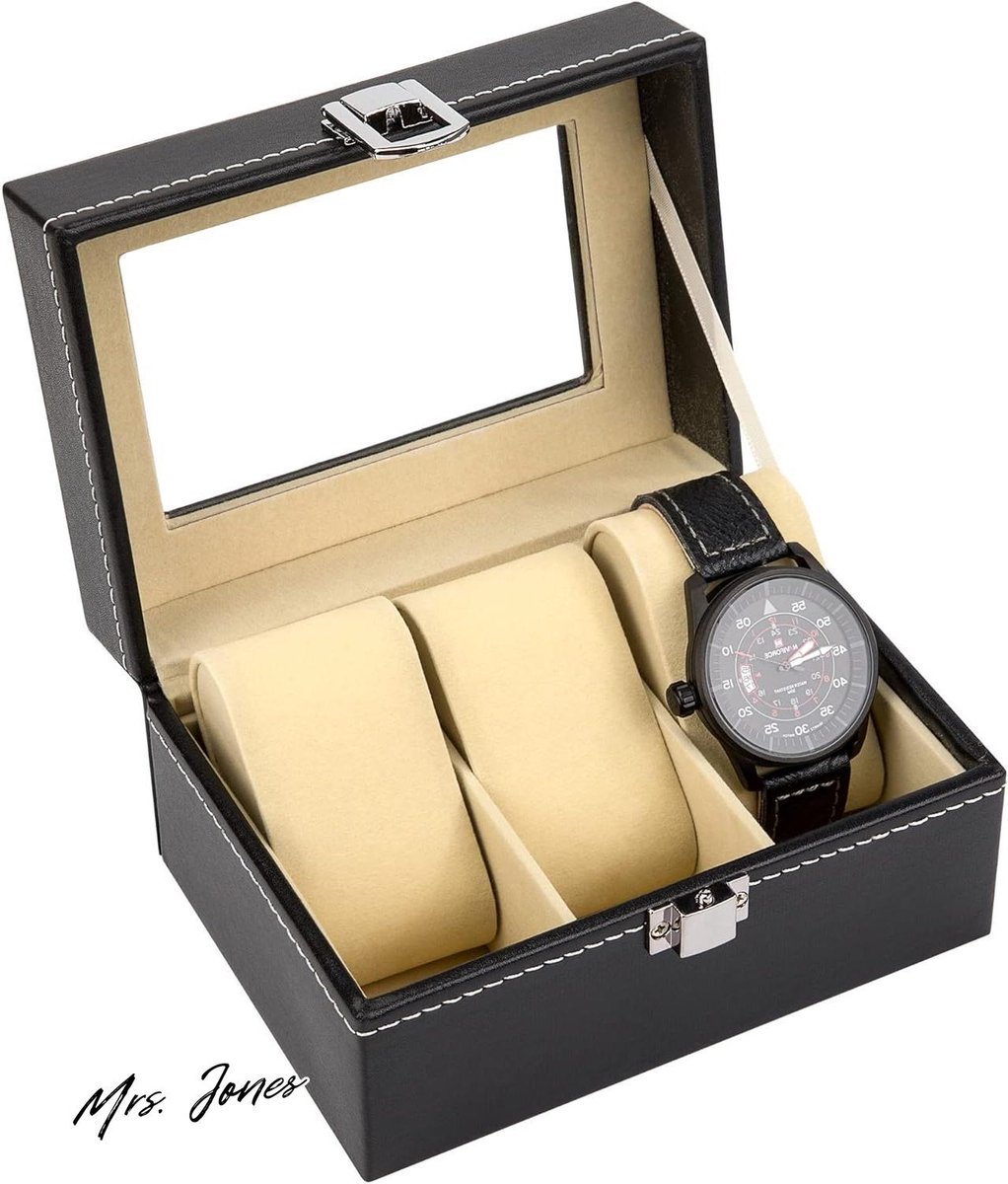 Mrs. Jones Horloge Box 3 Slots Horloge Case PU Lederen Horloge Display Opbergdoos met Glazen Deksel Sieraden Collectie Case Organizer Houder voor Mannen Vrouwen - opbergdoos mannen .