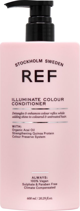 Bouteille de revitalisant rose pâle avec distributeur à pompe noir. Le texte 'REF ILLUMINATE COLOUR CONDITIONER' et les ingrédients sont sur le devant.
