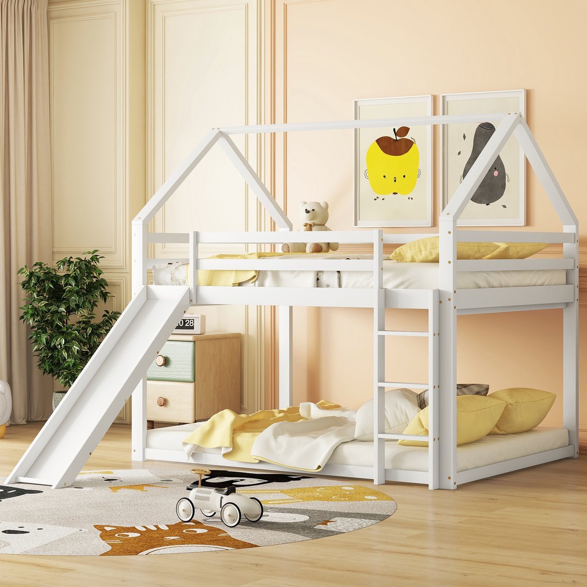 Gutent Kinderstapelbed (Zonder matras) met Glijbaan en Ladder, Wit, 140x200 cm