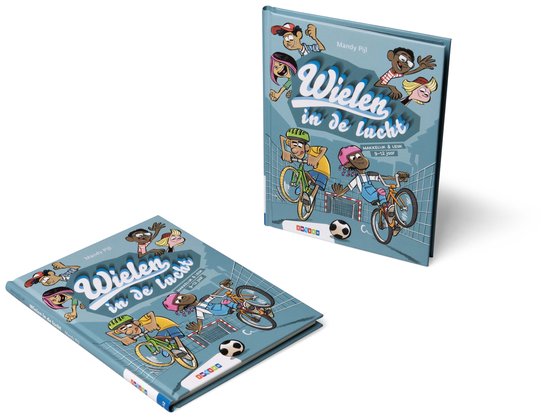 Twee boeken "Wielen in de lucht", met illustraties van kinderen op fietsen en een voetbalveld.