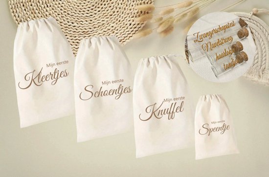 Bewaarzakken set8 delig - eerste knuffel - eerste kleertjes - eerste schoentjes - eerste speentje - zwangerschaptest - navelstreng - herinneringen baby - tandjes - haarlokje | van Jollein — afbeelding 2