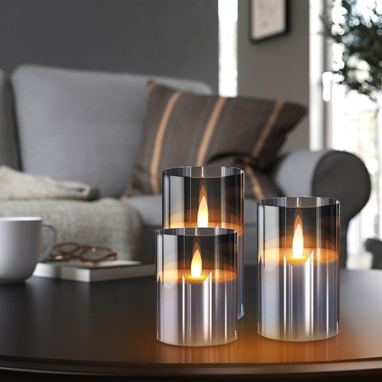 YONO LED Kaarsen à Flamme Mobile - Avec Télécommande avec Minuterie et Fonction de Gradation - 3 Pièces - Verre Fumé