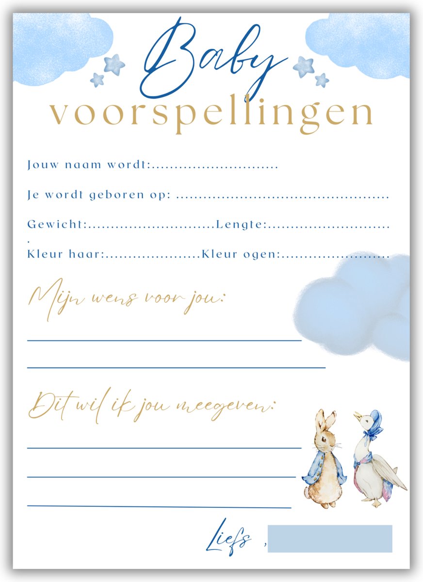 Studio Claire Babyshower Invulkaarten - Peter Rabbit Thema - 30 Stuks A6 - Origineel Babyshower Cadeau voor Kraamfeest en Gender Reveal