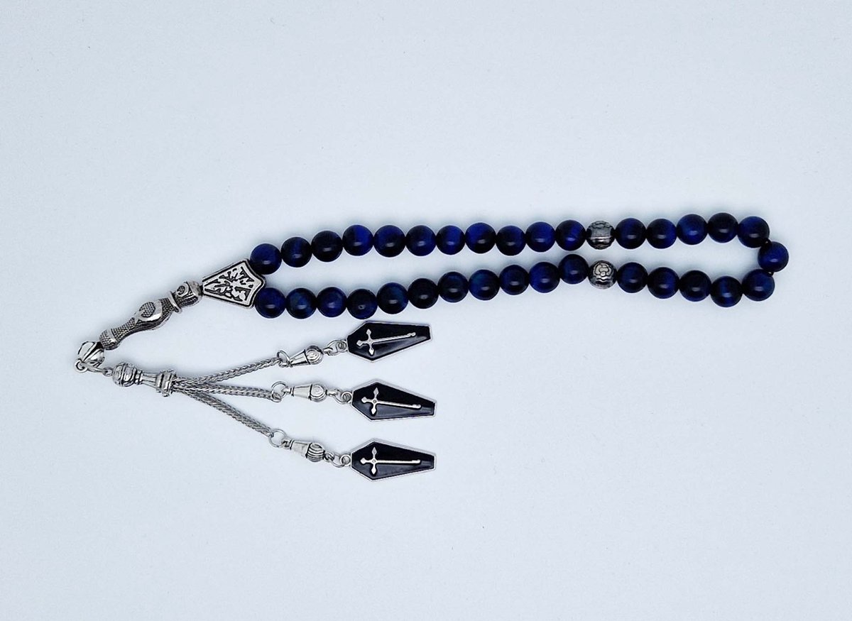 Handgemaakte tesbih "tasbih" natuursteen "Azuur" - Aantal kralen 33 - Diameter kralen 8 MM - met metaal tassel "model 4" - Een mooi cadeau-idee