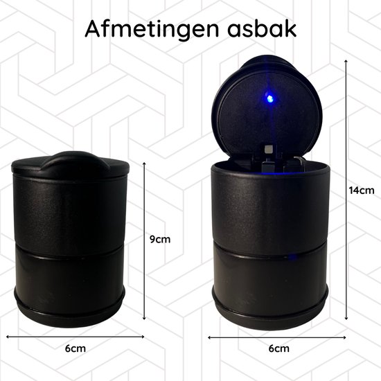 Zwarte auto-asbak gesloten (9cm hoog, 6cm breed) en open met blauw LED-licht (14cm hoog, 6cm breed).