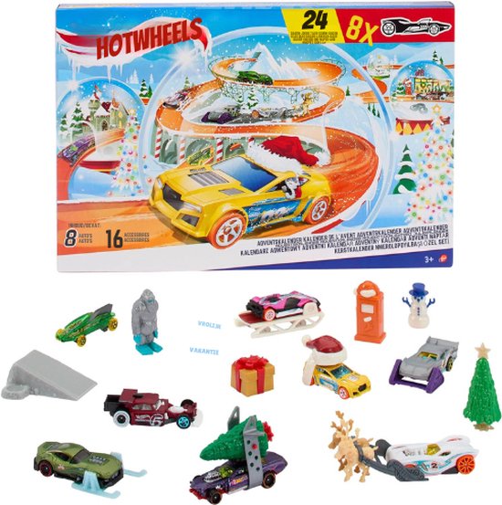 Winter Speelgoedauto's - Adventskalender 2024 met 8 Hot Wheels Auto's (Schaal 1:64) - 16 Winter Accessoires - 24 Deurtjes en Speelmat