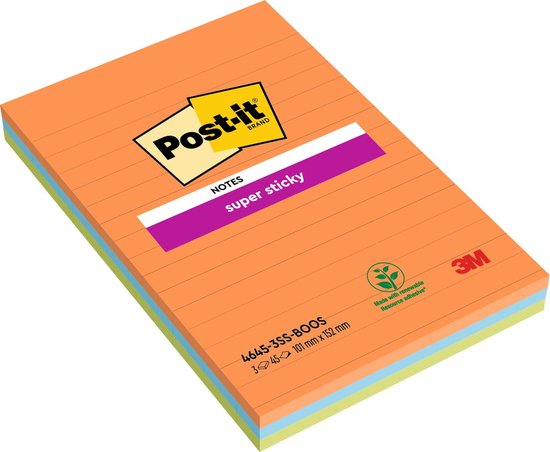 Stapel Post-it Super Sticky notities in oranje, groen, blauw en roze, gelijnd, met de tekst 'super sticky' op een paarse band.