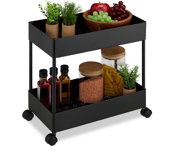 Chariot de cuisine Relaxdays - à roulettes - 2 niveaux - salle de bain - plastique - chariot de service - noir