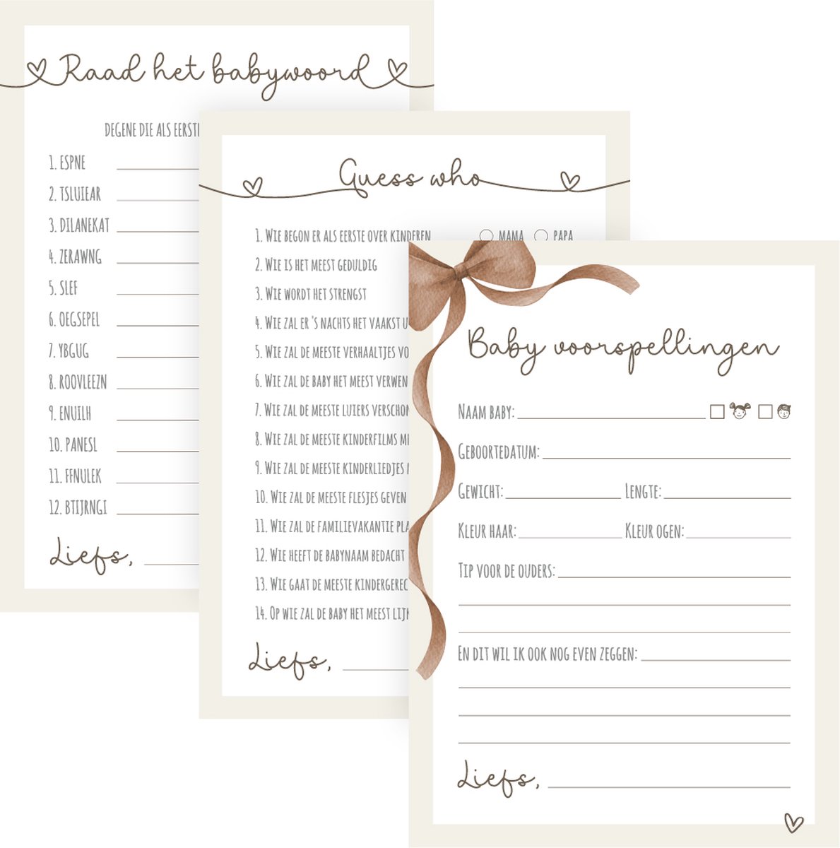 Unieke Ukkies Babyshower invulkaarten Bow, Guess Who & Raad het babywoord - 3 x 10 stuks - A6 formaat
