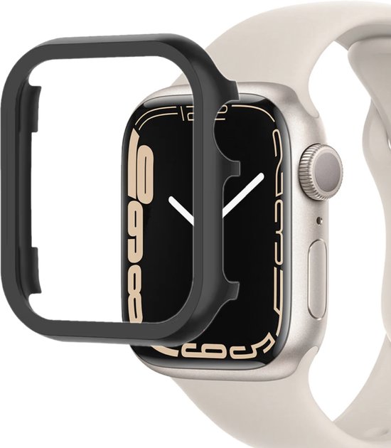 Een zwarte bumper wordt boven een Apple Watch met een gebroken witte band geplaatst. Het scherm toont de tijd.