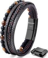 Malinsi Bracelet Homme - Pierre Onyx Marron Cuir Cordons et Acier Inoxydable - Bracelet Homme 20 + 2 cm Extension