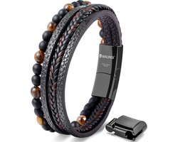 Malinsi® Armband Heren - Onyx Stone Bruin Leer Snoeren en RVS - Mannen Armbandje 20 + 2 cm Verlengstuk