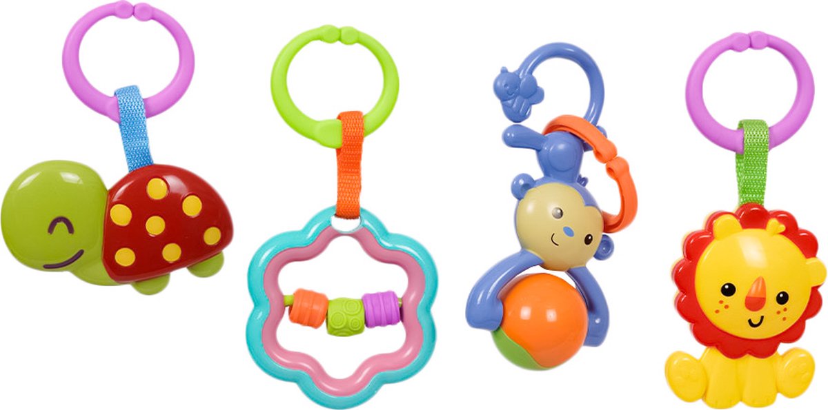 Speelgoedtopdeals - Rammelaar Hangspeeltje Buggyspeeltje - Cadeauverpakking Leeuw Aap Schildpad Ster