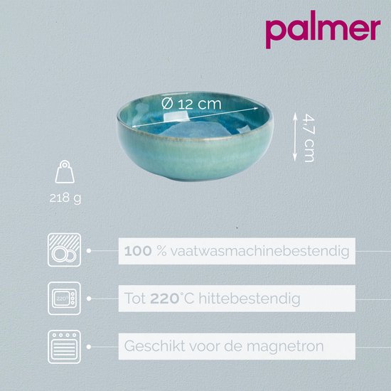 Groene stoneware kom, 12 cm doorsnede, 4,7 cm hoog, 218 g. Vaatwasmachine- en magnetronbestendig, tot 220°C hittebestendig.