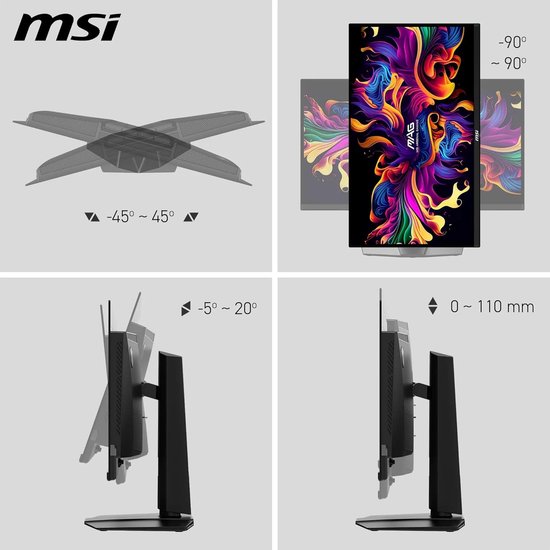 MSI monitor met instelbare standaard: kantelbaar -5° tot 20°, draaibaar -45° tot 45°, hoogte 0-110 mm.