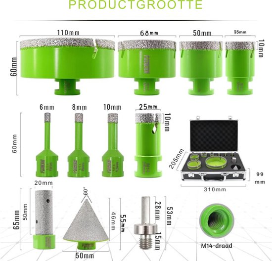 Diamant Tegelboorset 6 8 10 25 35 50 68 110 Mm 11 Stuks diamant-tegelboorset-6-8-10-25-35-50-68-110-mm-11-stuks