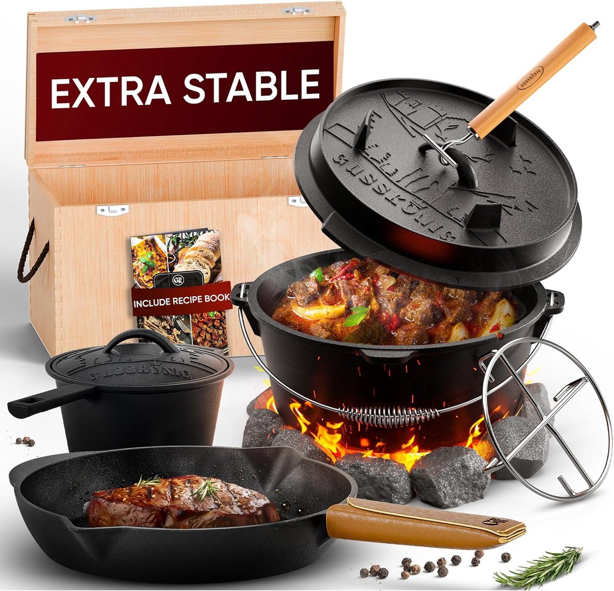 GUSSKÖNIG Dutch Oven set 8-delig - reeds ingebrand gietijzeren pannenset - braadpan, grillpan, deksellifter, onderzetter & echt leer greepbescherming - incl. Dutch Oven receptenboek